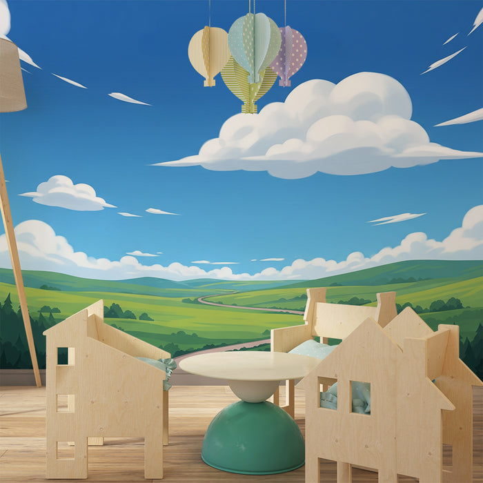 Papel de parede para quarto infantil | Paisagem verdejante com céu azul e nuvens fofas