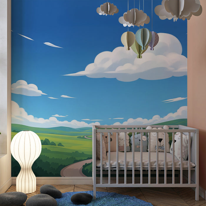 Papel de parede para quarto infantil | Paisagem verdejante com céu azul e nuvens fofas