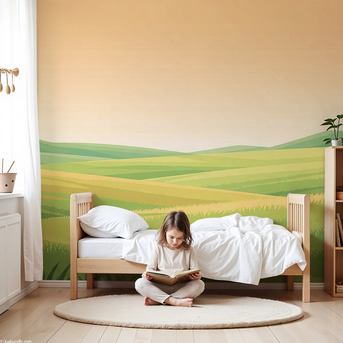 Papier peint chambre enfant | Paysage verdoyant avec collines douces et ciel pastel