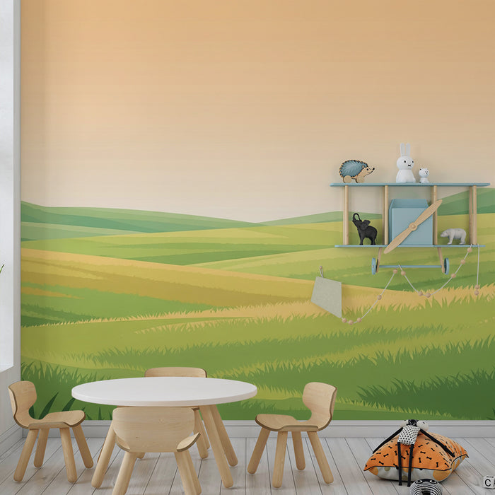 Papier peint chambre enfant | Paysage verdoyant avec collines douces et ciel pastel