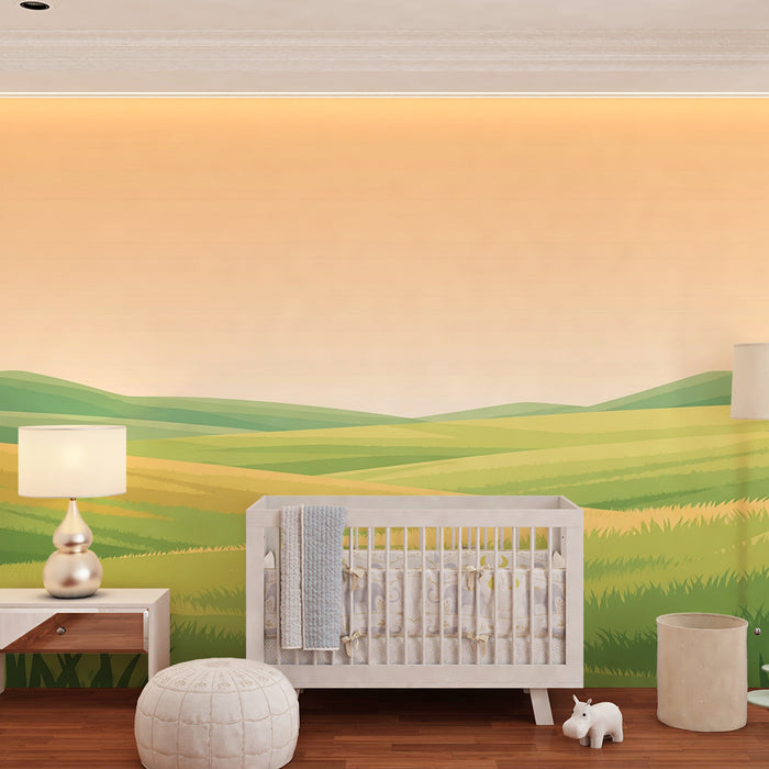Papier peint chambre enfant | Paysage verdoyant avec collines douces et ciel pastel