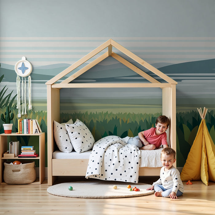 Carta da parati bambini | Paesaggio verde con colline e cielo rilassante