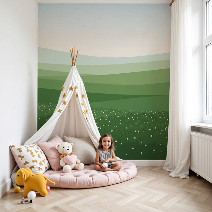 Carta da parati bambini | Paesaggio verde con fiori bianchi e dolci colline