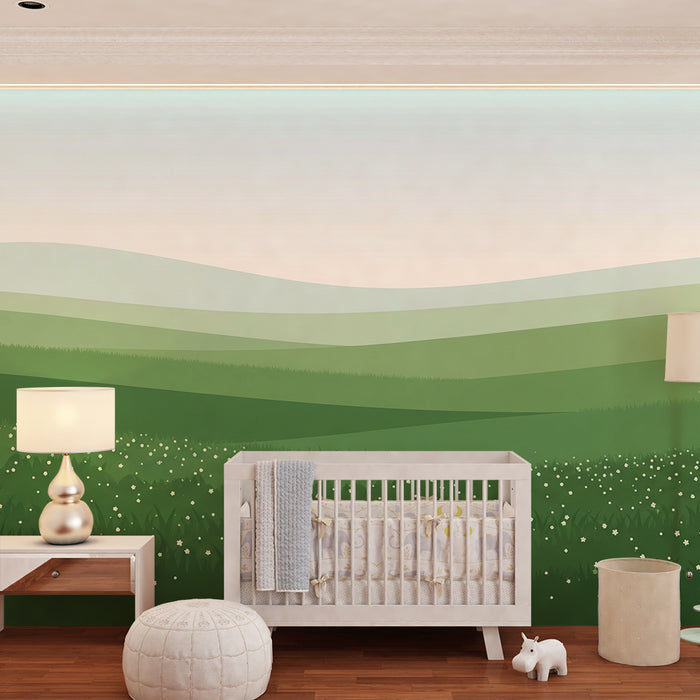 Carta da parati bambini | Paesaggio verde con fiori bianchi e dolci colline