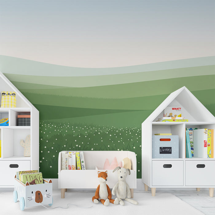 Carta da parati bambini | Paesaggio verde con fiori bianchi e dolci colline