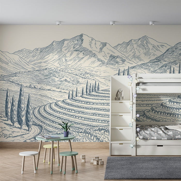 Behang kinderkamer | Wijnlandschap met bergen en cipressen