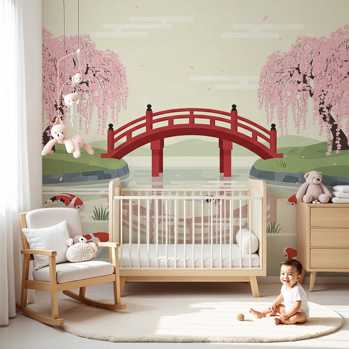 Children's bedroom wallpaper | Zen landscape with cherry blossoms and koi carp