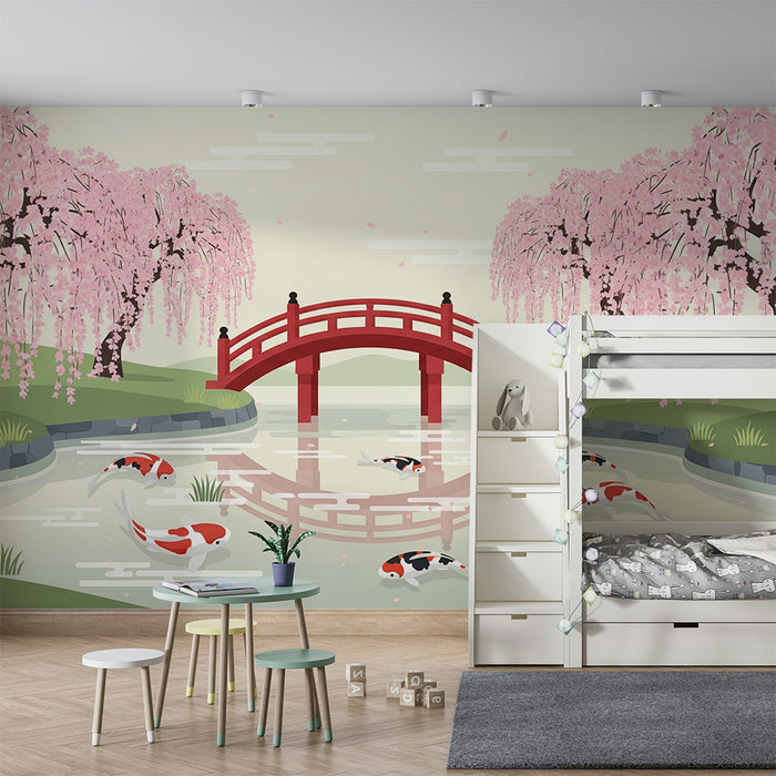 Children's bedroom wallpaper | Zen landscape with cherry blossoms and koi carp
