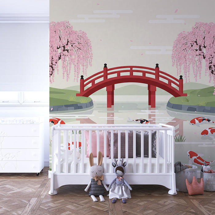 Children's bedroom wallpaper | Zen landscape with cherry blossoms and koi carp