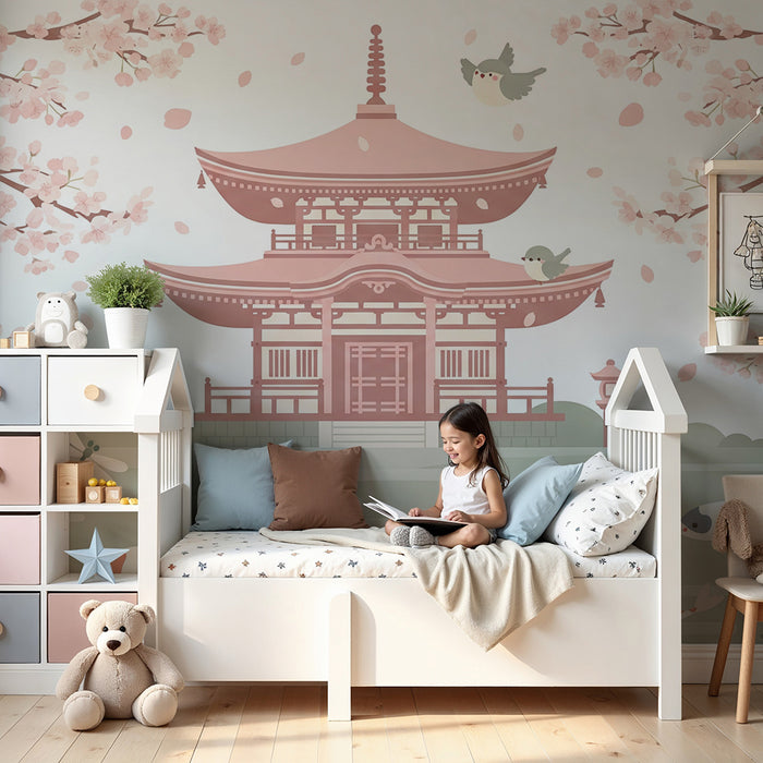 Papier peint chambre enfant | Paysage zen avec cerisiers en fleurs et carpes koi