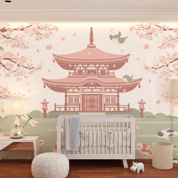 Papier peint chambre enfant | Paysage zen avec cerisiers en fleurs et carpes koi