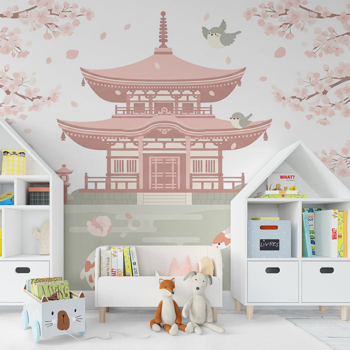 Papier peint chambre enfant | Paysage zen avec cerisiers en fleurs et carpes koi