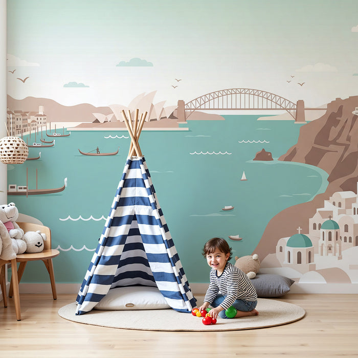 Papier peint chambre enfant | Paysages maritimes avec bateaux et monuments emblématiques