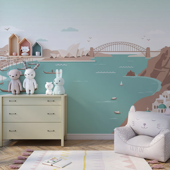 Papier peint chambre enfant | Paysages maritimes avec bateaux et monuments emblématiques