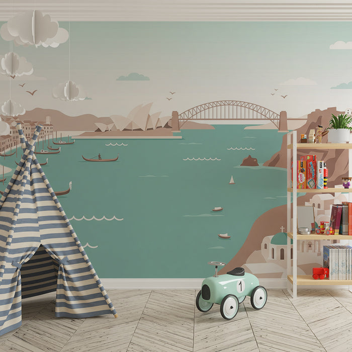 Papier peint chambre enfant | Paysages maritimes avec bateaux et monuments emblématiques