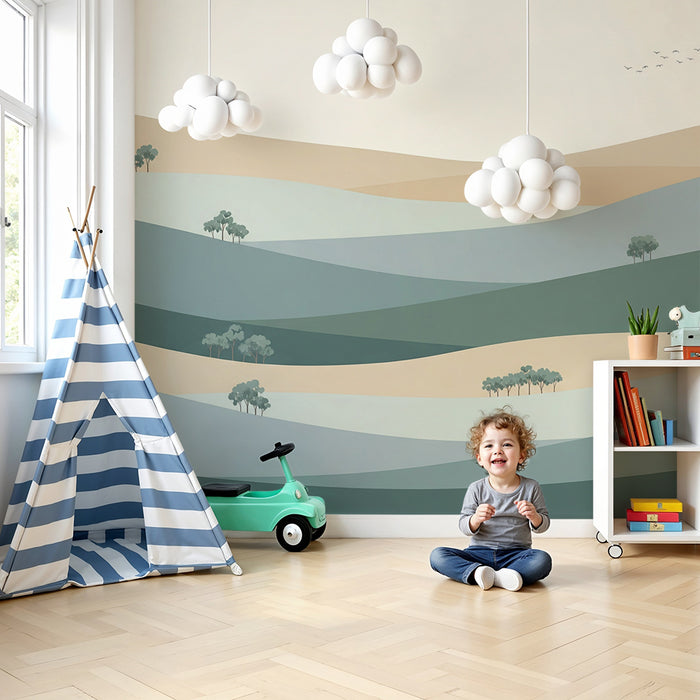 Kids room wallpaper | Wavy landscapes with trees in soft tones