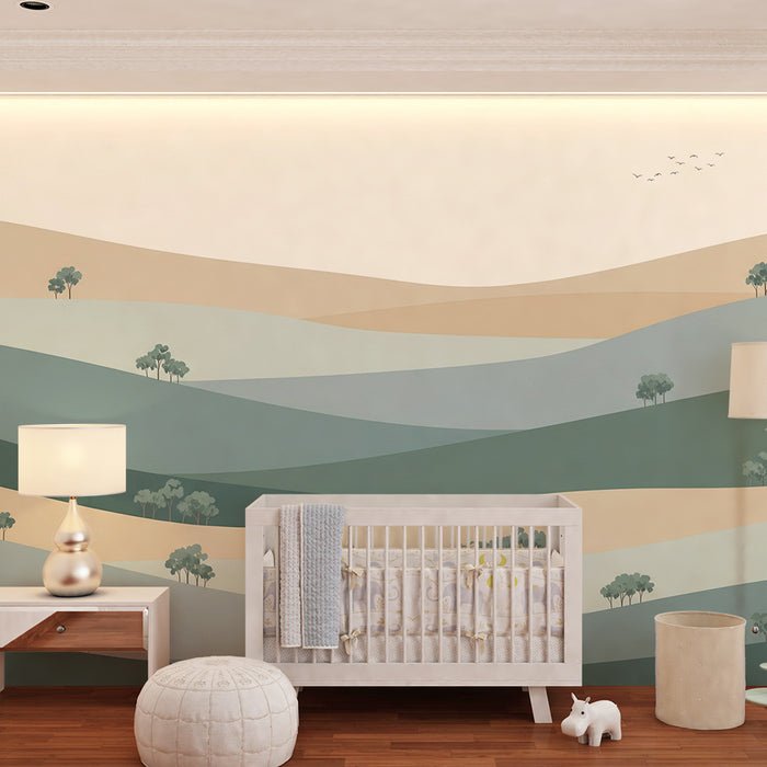 Kids room wallpaper | Wavy landscapes with trees in soft tones