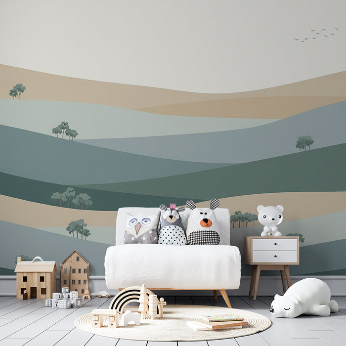 Kids room wallpaper | Wavy landscapes with trees in soft tones