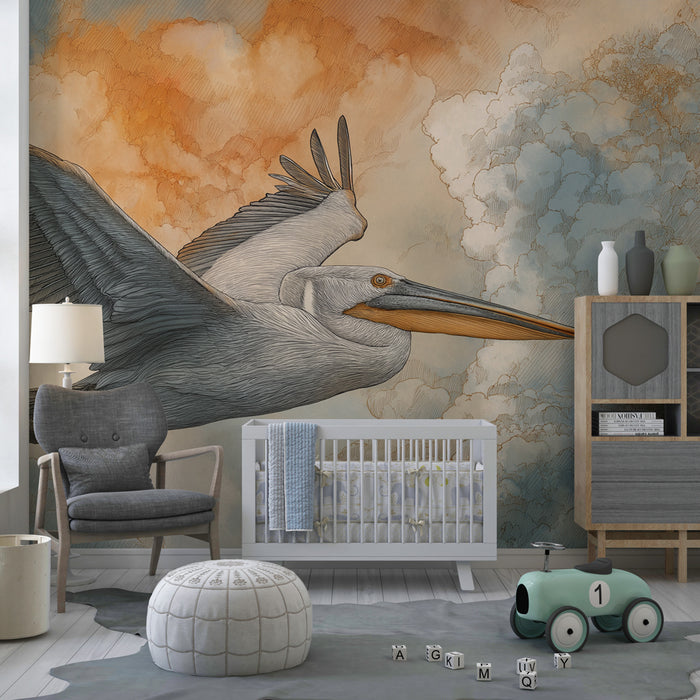 Kids room wallpaper | Majestic pelican in flight