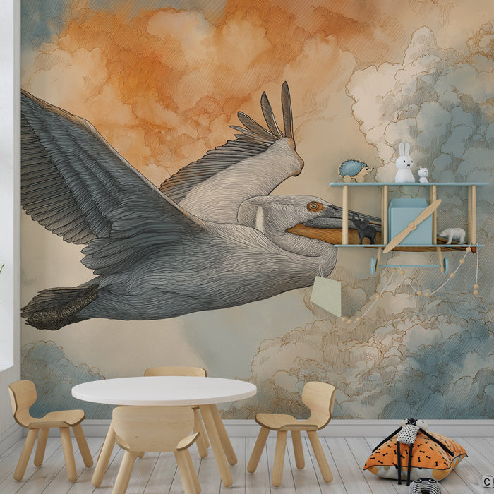 Kids room wallpaper | Majestic pelican in flight