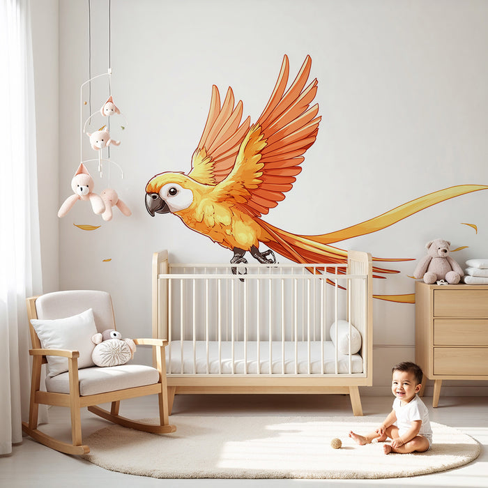 Kinderzimmer Tapete | Bunter fliegender Papagei mit goldenen Bändern