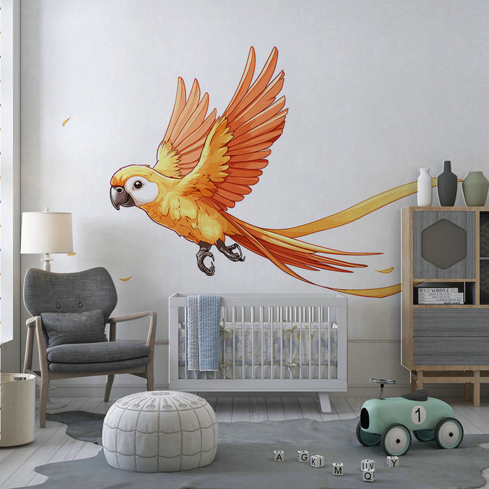 Kinderzimmer Tapete | Bunter fliegender Papagei mit goldenen Bändern