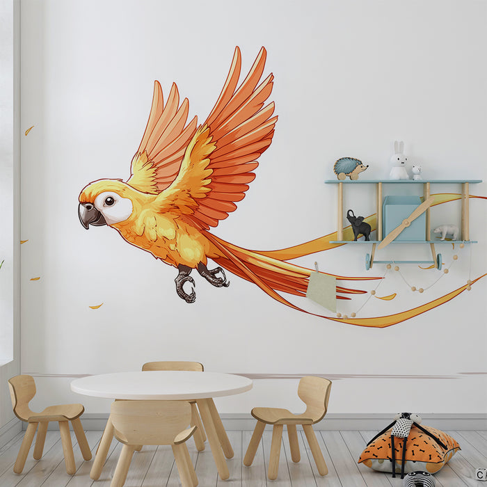 Kinderzimmer Tapete | Bunter fliegender Papagei mit goldenen Bändern