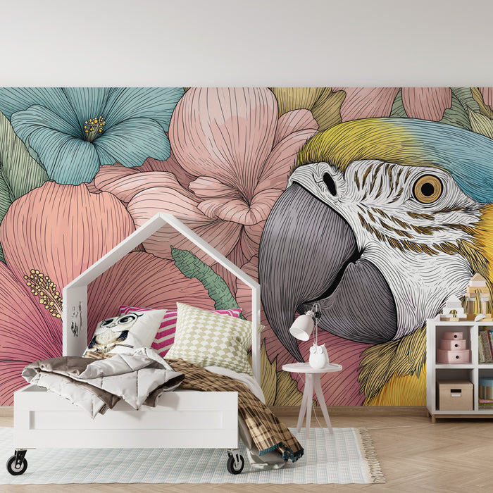 Papier peint chambre enfant | Perroquet coloré et fleurs éclatantes