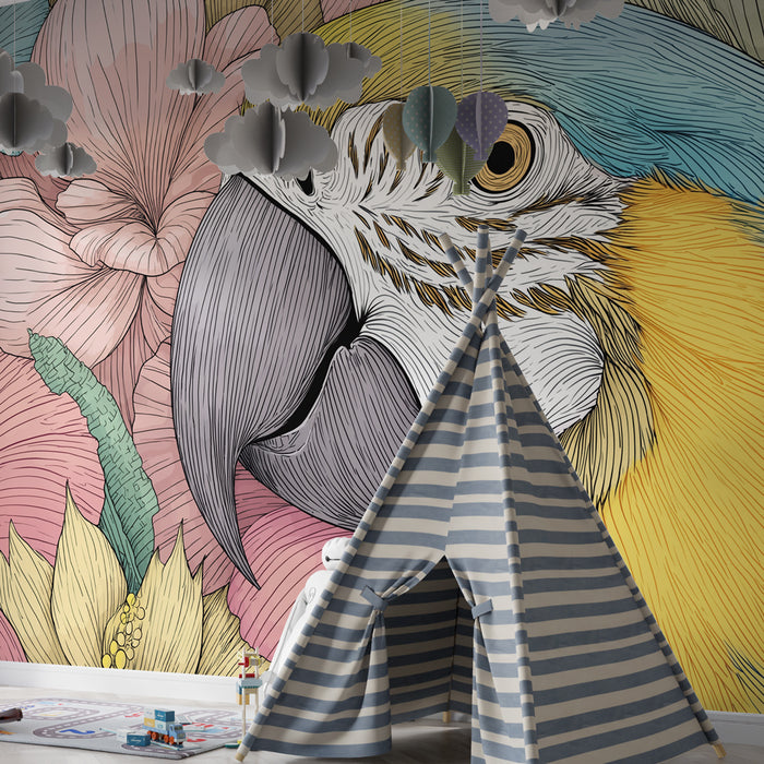 Papier peint chambre enfant | Perroquet coloré et fleurs éclatantes