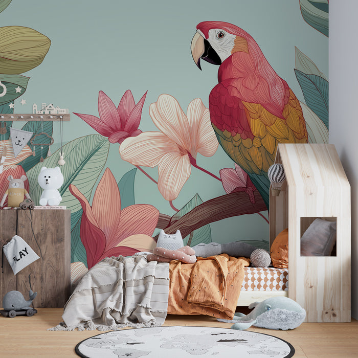 Papier peint chambre enfant | Perroquet coloré parmi des fleurs exotiques