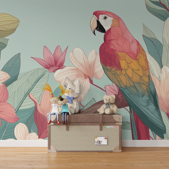 Papier peint chambre enfant | Perroquet coloré parmi des fleurs exotiques