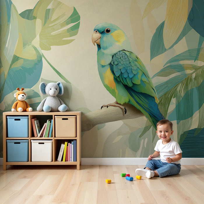 Kinderzimmer Tapete | Bunter Papagei im tropischen Dschungel