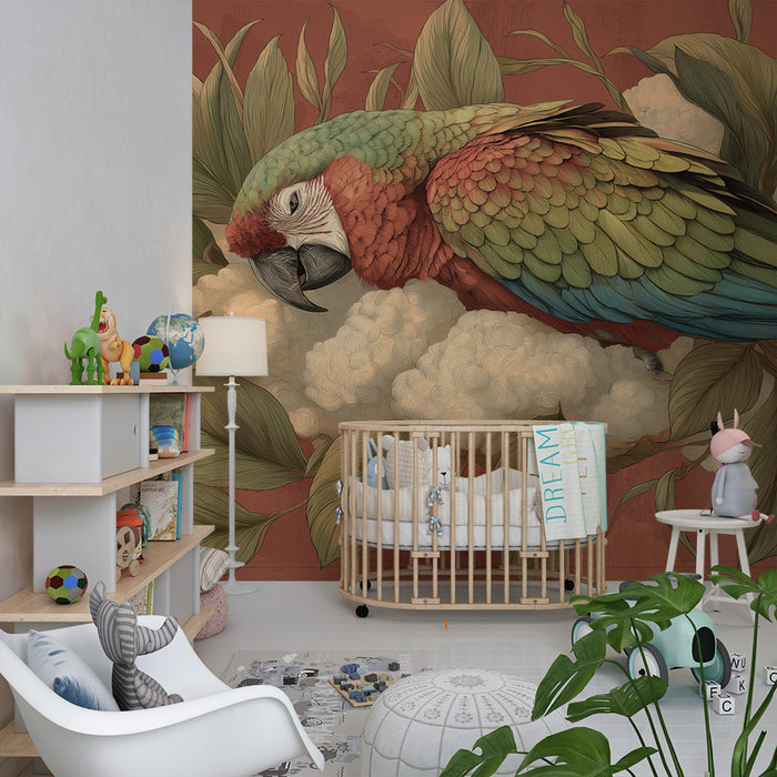 Kinderkamer behang | Kleurrijke papegaai rustend op een wolk van bladeren