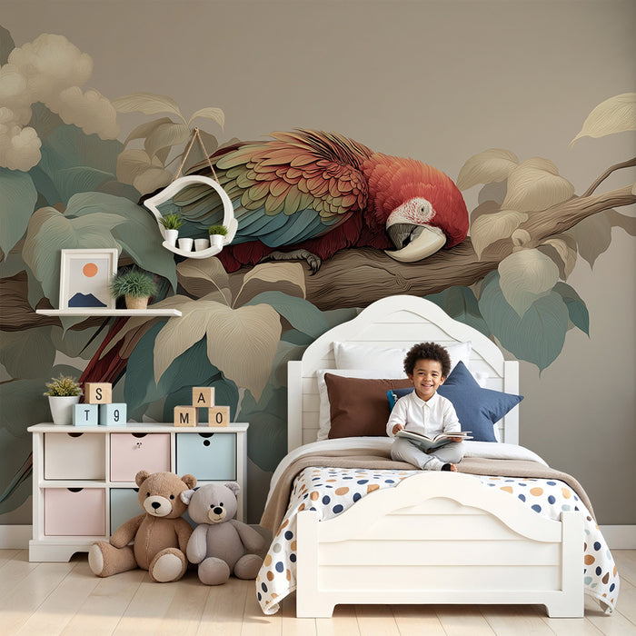 Kids room wallpaper | Colorful parrot resting on a branch surrounded by soft foliage