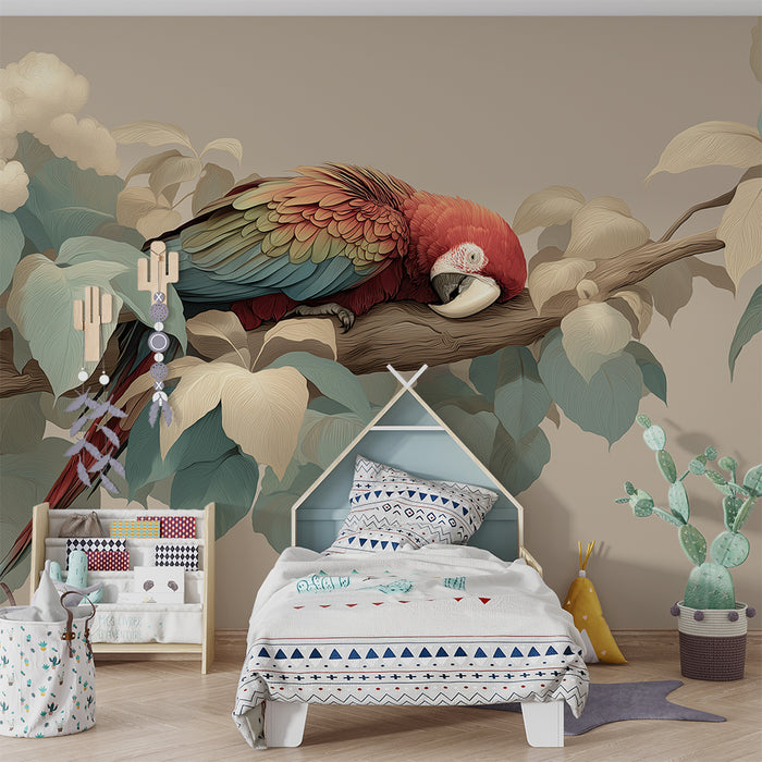 Kids room wallpaper | Colorful parrot resting on a branch surrounded by soft foliage