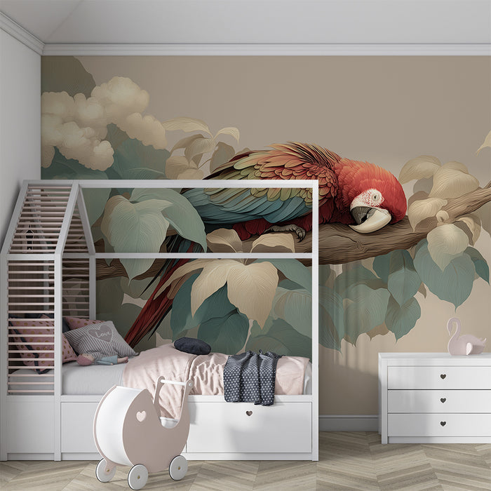 Kids room wallpaper | Colorful parrot resting on a branch surrounded by soft foliage