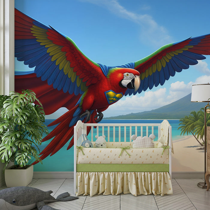 Kids room wallpaper | Värviline papagoi troopilisel taustal koos rannaga ja vulkaaniga