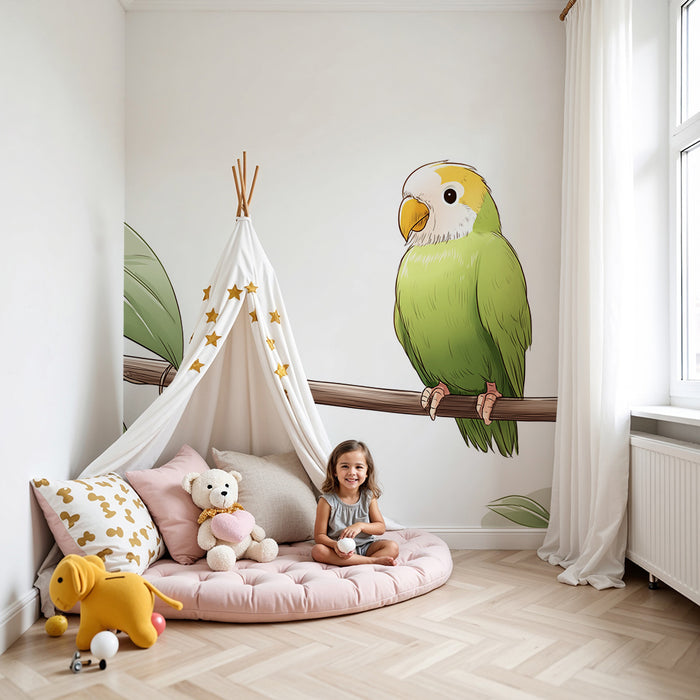 Papel de parede criança | Papagal colorat pe o ramură cu frunze tropicale
