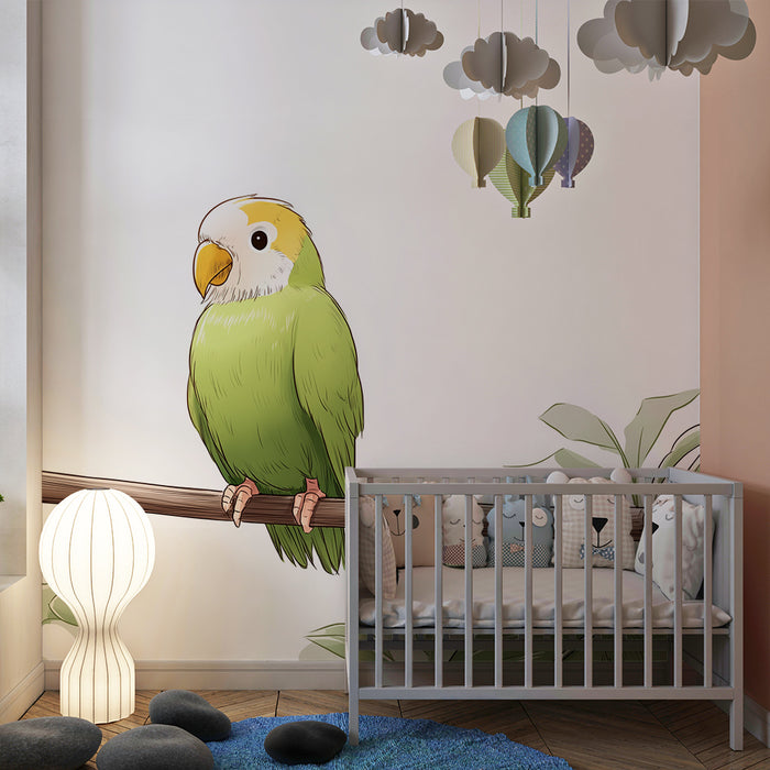 Papel de parede criança | Papagal colorat pe o ramură cu frunze tropicale