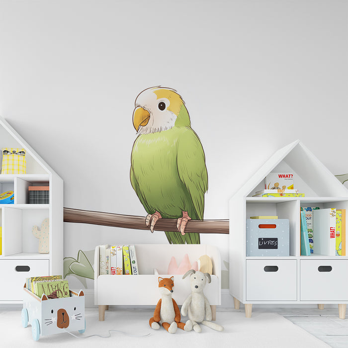 Papel de parede criança | Papagal colorat pe o ramură cu frunze tropicale
