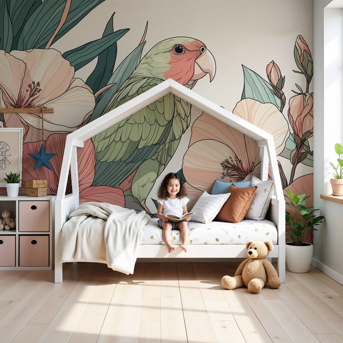 Papel de parede criança | Papagaio e flores delicadas