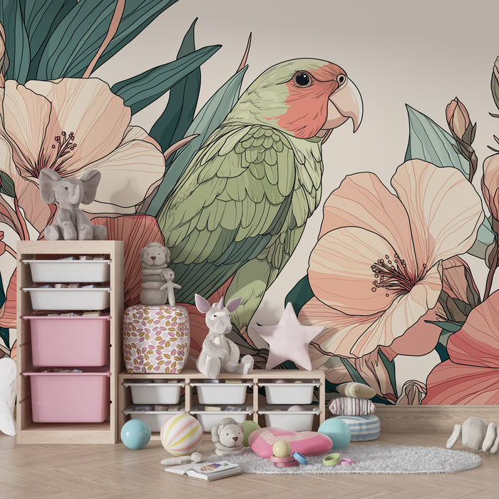 Papel de parede criança | Papagaio e flores delicadas