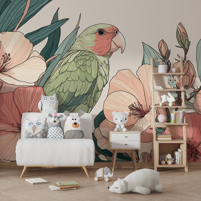 Papel de parede criança | Papagaio e flores delicadas