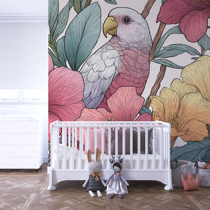 Papier peint chambre enfant | Perroquet et fleurs tropicales