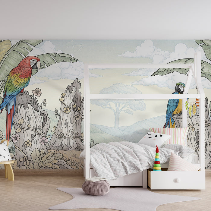 Kinderzimmer Tapete | Bunte Papageien mitten in der Natur