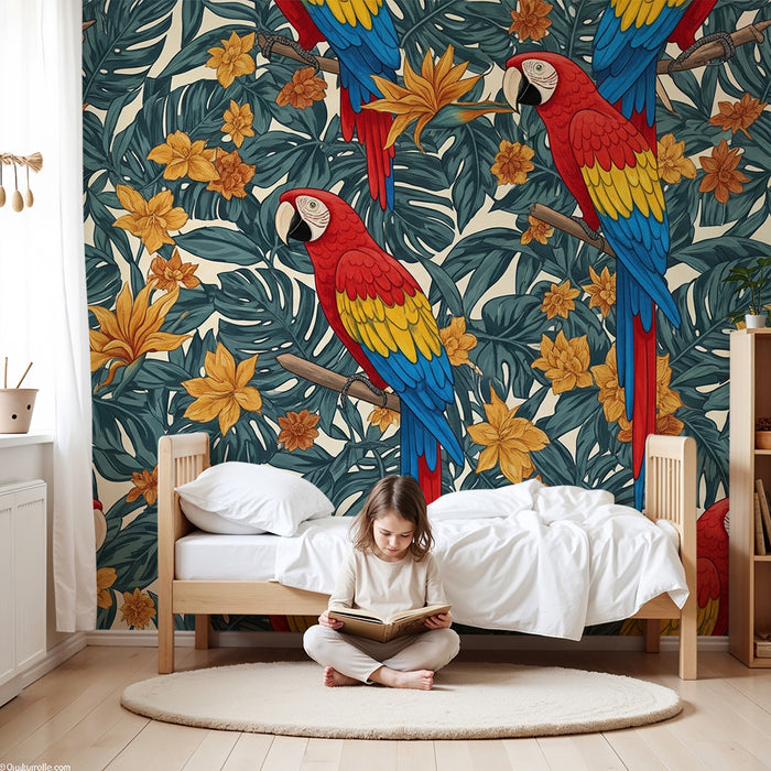Kids room wallpaper | Värvilised papagoid lillelises džunglis