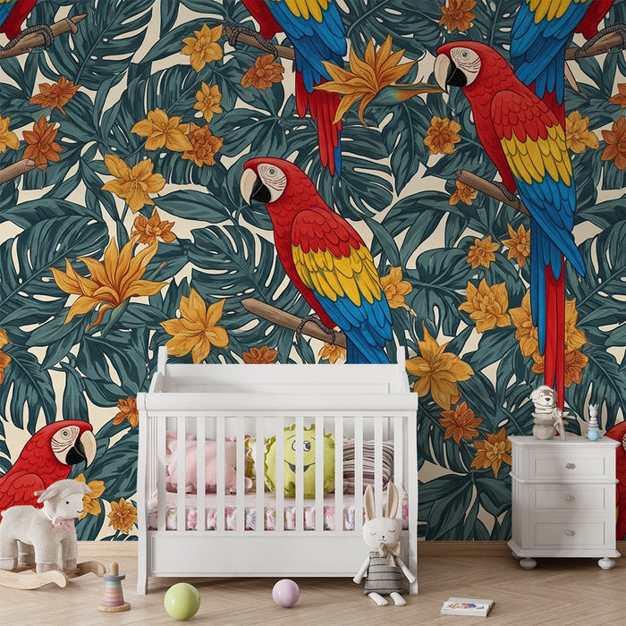 Kids room wallpaper | Värvilised papagoid lillelises džunglis