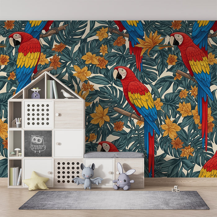 Kids room wallpaper | Värvilised papagoid lillelises džunglis