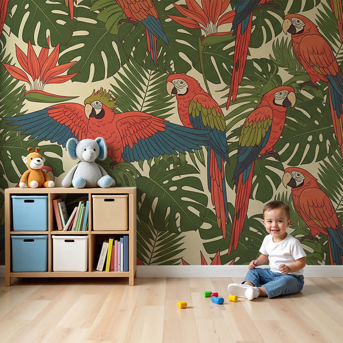 Kids room wallpaper | Värvilised papagoid ja troopiline lehestik