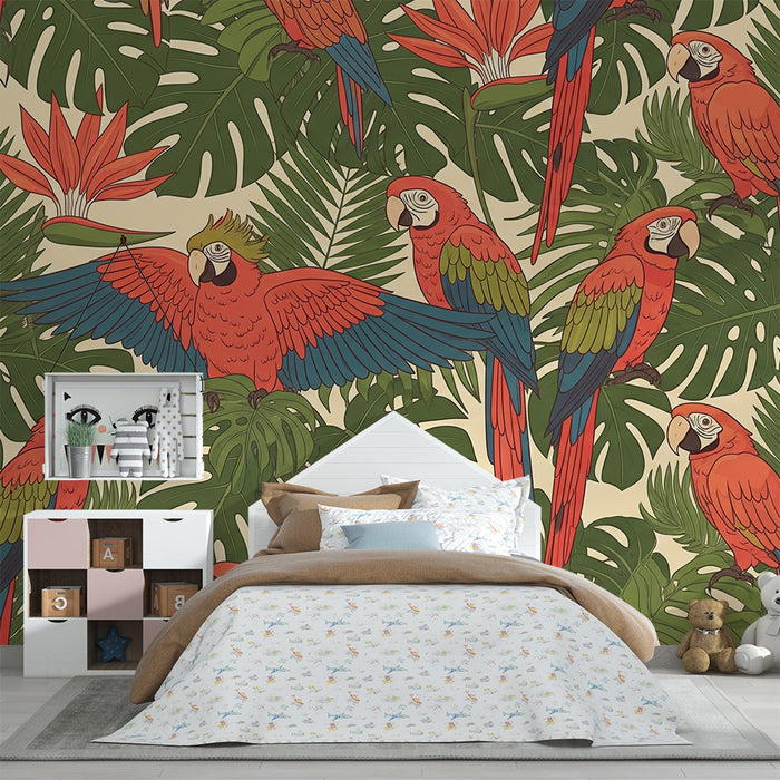 Kids room wallpaper | Värvilised papagoid ja troopiline lehestik
